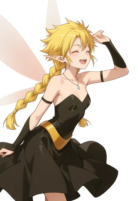 Smooth Quality,masterpiece,very intricate, high quality details, ultra realistic, high detailed skin,detailed enviorement,absurdres, 
simple background, white background, 
from side,dancing,
^o^,solo, 
 <lora:Ramiriscnn:0.8> ramiriscnn, 1girl, fairy, minigirl, blonde hair, yellow eyes, pointy ears, long hair, twin braids,small breasts,fairy wings, bare shoulders, collarbone, black dress, strapless dress, bridal gauntlets, necklace,