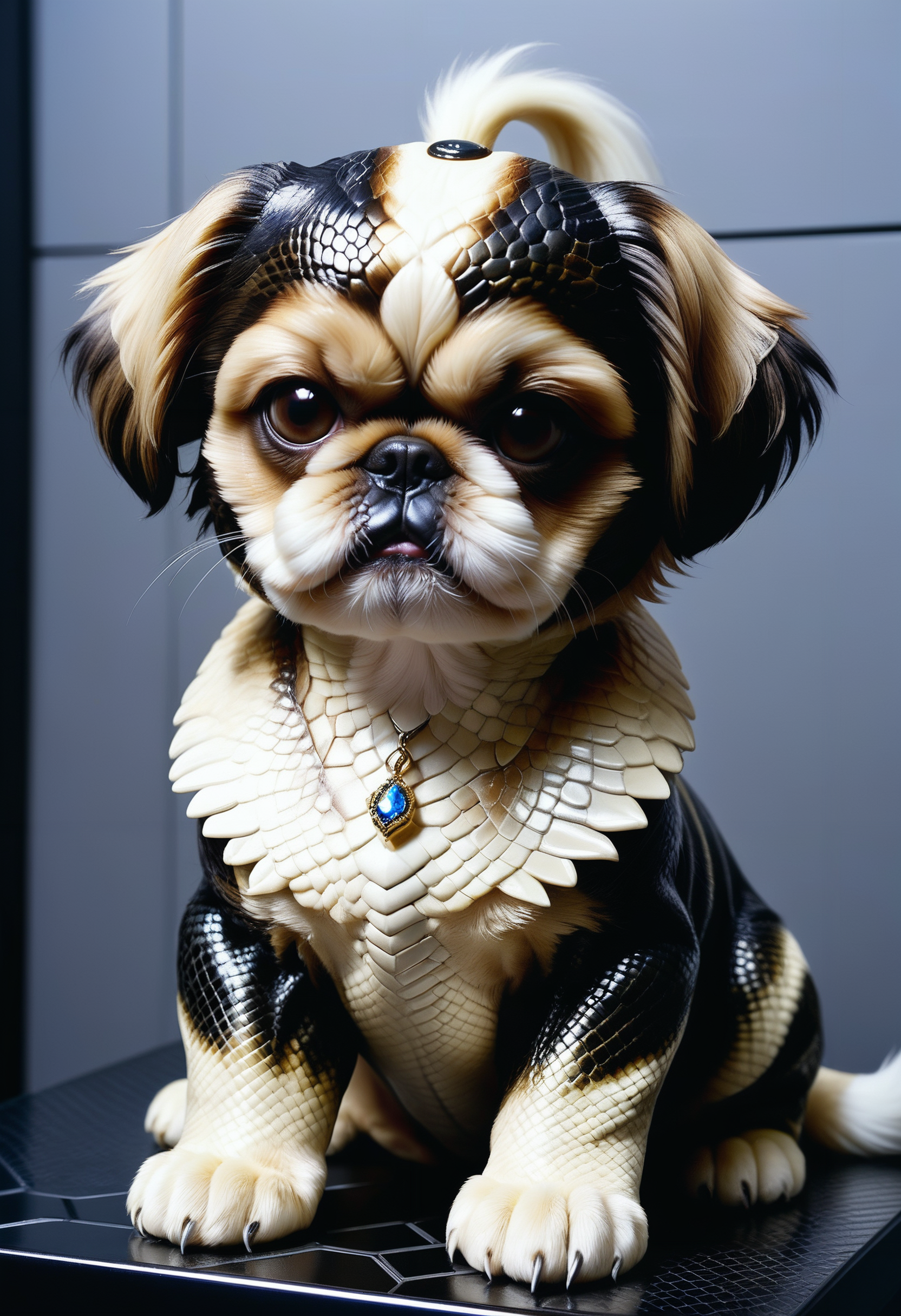 Jed-snkskn, detailed Cosplay Photograph, (Shih Tzu Puppy:1.2) - Exotic Shorthair Cat, it is Sad, inside of a [Ultrarealistic|Cyberpunk] Caceres, deep focus, 60s Art, silhoutted against bright lightsource, sharp, focussed, Sony A9 II, atmospheric perspective, Fujicolor, <lora:SnakeSkinStyle:0.7>, great light, highly enhanced, epic, artistic