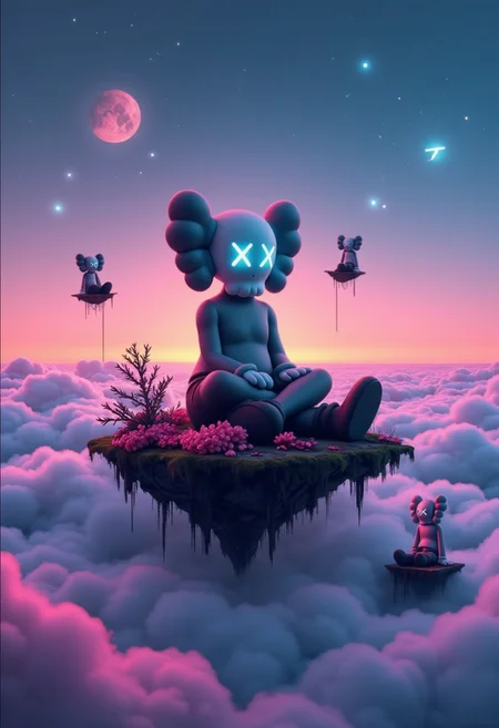 In a surreal, dreamlike setting, a massive KAWS “Companion” figure sits cross-legged on a floating island in the clouds, casting a reflective and contemplative gaze into the horizon. Its iconic "X" eyes glow softly, as if illuminated by the surrounding twilight. Around the figure, smaller versions of "Companion" float gently in mid-air, each one positioned as if they’re communicating silently with their larger counterpart.
The landscape itself is otherworldly and abstract, with floating geometric shapes, neon-colored flora, and shimmering fragments of stars drifting by. The clouds beneath the island move in slow waves, creating an illusion of calm. In the sky, faint constellations mirror the "X" motif, echoing KAWS' distinct aesthetic. The atmosphere feels serene yet haunting, as if each element of the scene invites the viewer to reflect on memory, identity, and the passage of time—hallmarks of KAWS' iconic themes reinterpreted in a fantasy space.