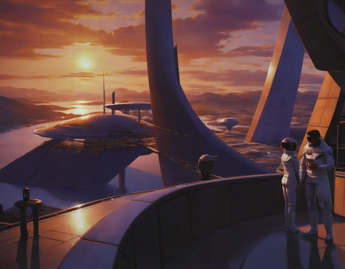 <lora:syme:0.6>syme, people, outdoors, futuristic structure, man with sunglasses, spaceships, sunset, mountains, clouds