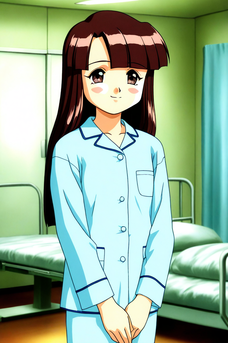 general,highres, ultra-detailed,very aesthetic,best quality ,best hands, BREAK <lora:Sakurai_Miyuri_Suchie-Pai_Ver2.0_IS:1>
Sakurai_Miyuri, 1girl, solo, brown hair, long hair, brown eyes, blunt bangs,
smile,
light blue pajamas, v arms,
hospital room,