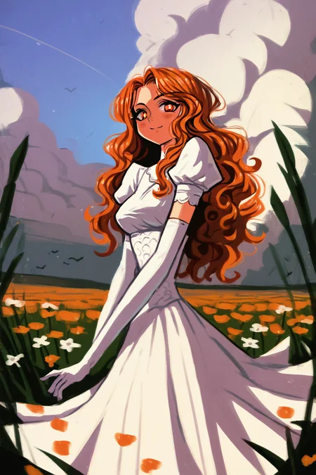 score_9, score_8_up, score_7_up, rating_safe, 1girl, solo, long hair, curly hair, wavy hair, orange hair, orange eyes, looking at viewer, breasts, dress, white dress, puffy sleeves, puffy short sleeves, short sleeves, gloves, elbow gloves, white gloves, cowboy shot, closed mouth, standing, outdoors, field, flower, grass, plant, sky, <lora:andaerz:1.3>
