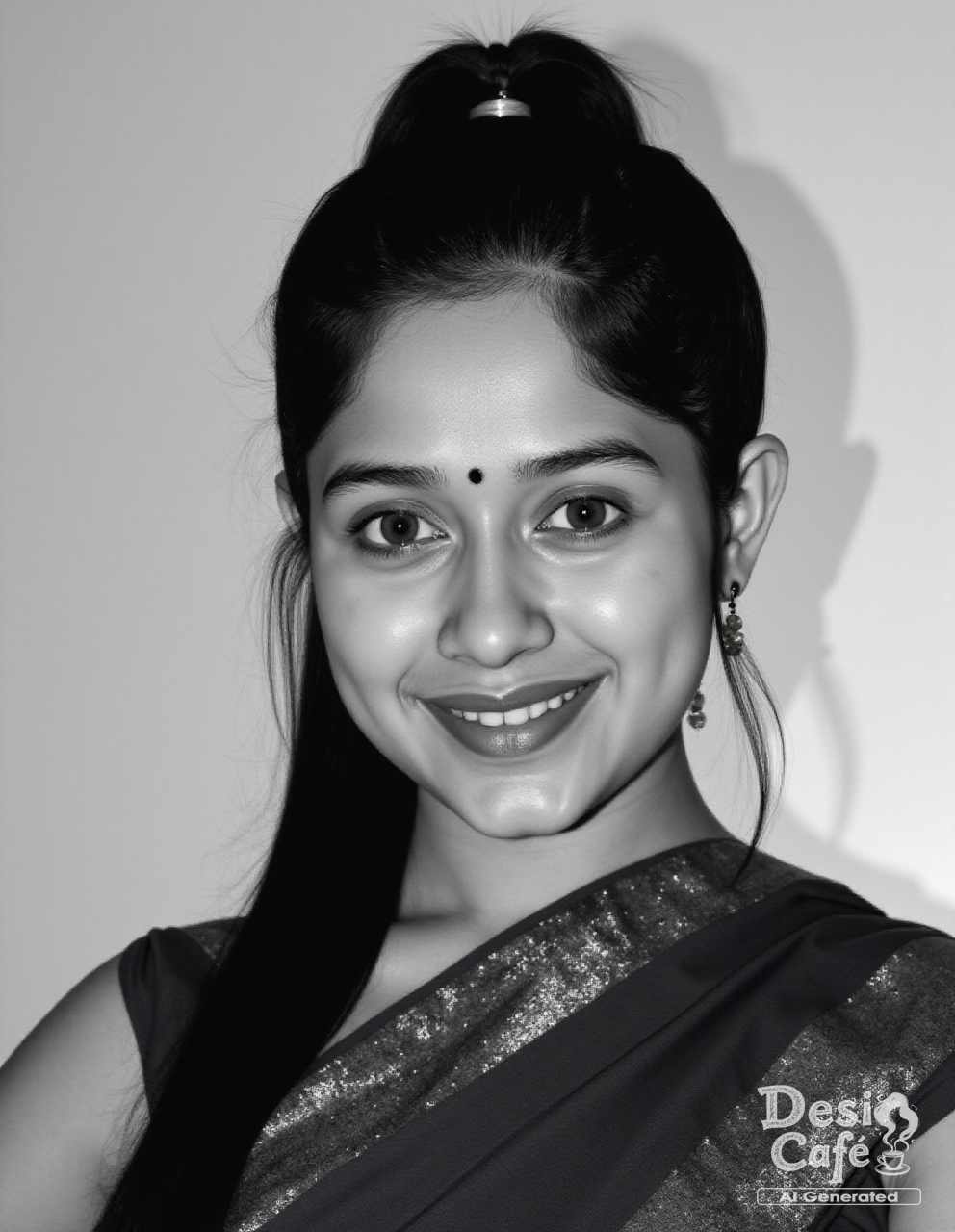 black and white photo of j4nn4t zub41r woman, hyper realistic photo that is safe for work, shy smile, studio quality image with natural colors, well dressed wearing intricate sleeveless Plum Mekhela Chador (Assamese traditional attire), hair styled as  high ponytail,muted pastel shaded multicolored background that contrasts with the person, cinematic lighting,âââââ    <lora:j4nn4t_zub41r_Jannat_Zubair_Flux_Kohya_V1:1>âââ