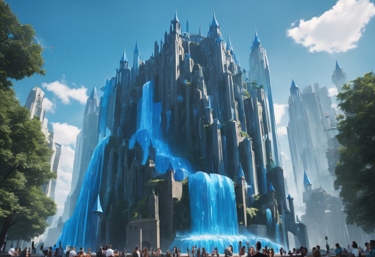 a floating castle in the air, a waterfall flows from the castle to the ground, sharp faceted blue crystals decorate the castle, looking up from the ground view