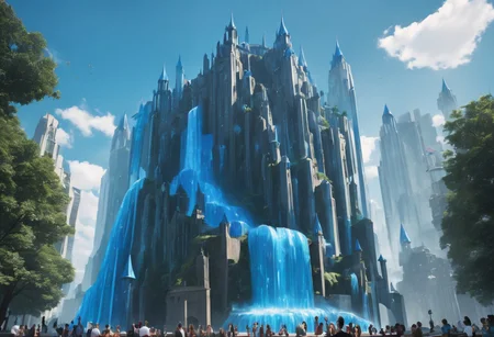 a floating castle in the air, a waterfall flows from the castle to the ground, sharp faceted blue crystals decorate the castle, looking up from the ground view
