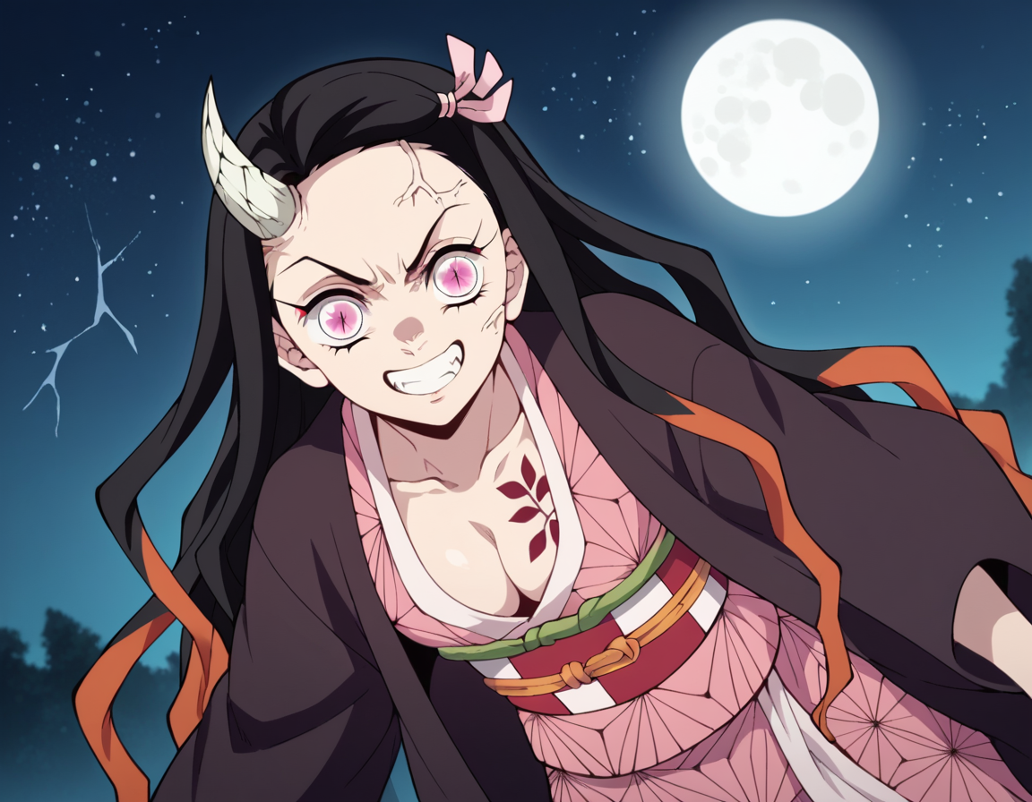 score_9, score_8_up, score_7_up, source_anime,
nezukokamado, <lora:nezuko-kamado-anime-ponyxl-lora-nochekaiser:1>,
nezuko kamado, black hair, forehead, hair ribbon, long hair, multicolored hair, pink eyes, orange hair, slit pupils, wavy hair, two-tone hair,
cleavage, japanese clothes, horns, kimono, sash, obi, demon girl, angry, single horn, veins, pink kimono, cracked skin, checkered sash, tattoo,
outdoors, night, landscape, moon, starry sky, bent over, smile,
solo, dutch angle, looking at viewer, cowboy shot,