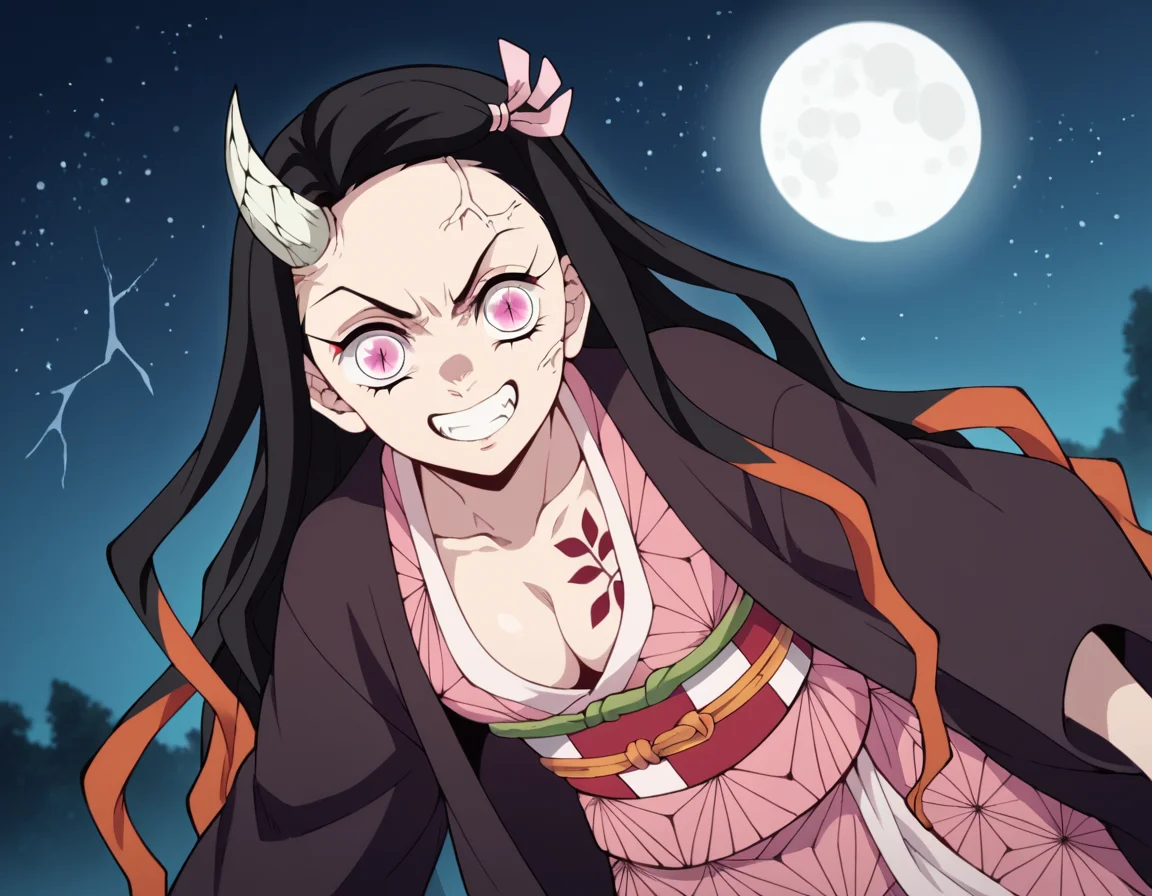 score_9, score_8_up, score_7_up, source_anime,
nezukokamado, <lora:nezuko-kamado-anime-ponyxl-lora-nochekaiser:1>,
nezuko kamado, black hair, forehead, hair ribbon, long hair, multicolored hair, pink eyes, orange hair, slit pupils, wavy hair, two-tone hair,
cleavage, japanese clothes, horns, kimono, sash, obi, demon girl, angry, single horn, veins, pink kimono, cracked skin, checkered sash, tattoo,
outdoors, night, landscape, moon, starry sky, bent over, smile,
solo, dutch angle, looking at viewer, cowboy shot,
