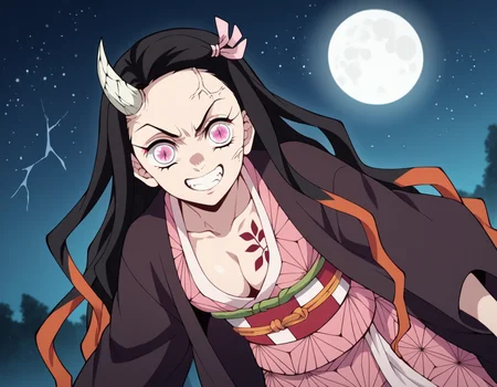 score_9, score_8_up, score_7_up, source_anime,
nezukokamado, <lora:nezuko-kamado-anime-ponyxl-lora-nochekaiser:1>,
nezuko kamado, black hair, forehead, hair ribbon, long hair, multicolored hair, pink eyes, orange hair, slit pupils, wavy hair, two-tone hair,
cleavage, japanese clothes, horns, kimono, sash, obi, demon girl, angry, single horn, veins, pink kimono, cracked skin, checkered sash, tattoo,
outdoors, night, landscape, moon, starry sky, bent over, smile,
solo, dutch angle, looking at viewer, cowboy shot,
