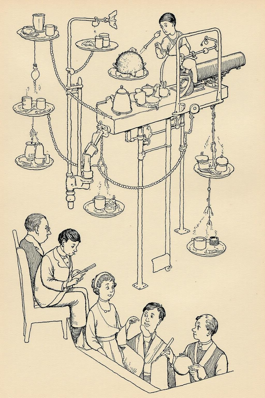 whrob1 illustration.
A Heath Robinson-style in-flight dining machine aboard a vintage airliner. The machine consists of a complicated system of conveyor belts and mechanical arms that deliver trays of food to passengers. Plates of roast chicken and cups of tea rattle down miniature tracks, with one mechanical arm carefully placing a napkin on each tray. Passengers in 1930s attire react with surprise as the machine serves their meals. <lora:whrob1_cap_d6a3e11:1.0><lora:828468319456690095:0>