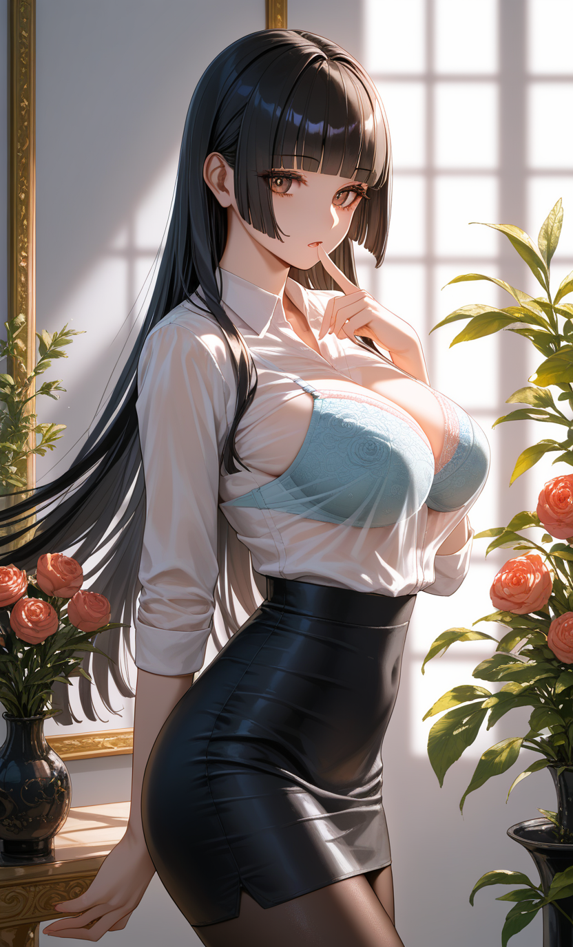 score_9, score_8_up, score_7_up, ASCII score_9, source_anime, 8K, UHD, high detail RAW color art, intricate details, beautiful atmosphere, sharp eyelid, sharp eyelashes, thick eyelashes, long eyelashes, beautiful skin, beautiful face, curvaceous figure, perfect anatomy, perfect hands, detailed embroidery, detailed backgrounds, Visual Representation, dramatic lighting, a beautiful memorable moment, finger to mouth, parted lips, 
1girl, solo, long hair, black hair, brown eyes, mole under eyes, blunt bangs, hime cut, sidelocks, hair to the waist, BREAK, large breasts, see-through breasts silhouette, blurry body silhouette, Women's business suits, White shirt, bra, see-through pantie, skirt, black pantyhose, leaning back with legs stretched out, Colorful Room, Luxurious, gorgeous, gold, Art, Flowers, We Beauty,