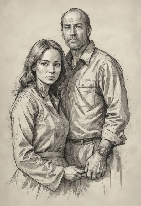 ink illustration on parchment, masterpiece, high resolution, portrait, full length, handsome 45 year old man and beautiful 40 year old woman, focus on eyes, various poses