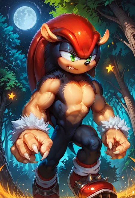 score_9, score_8_up, score_7_up, male, source_furry, male, solo, Mighty the Armadillo, black body, tan arms, tan shoulders, tan hands, fangs, claws, fur, big eyes, big hands, red sneakers, spikes on shoes,, muscular:1.3, hands, no pants, serious expression, (((dutch angle, sexy tease, sexy pose, stylish pose, action pose, clawing at a tree, from below)))
BREAK
forest, tress, outside, night, moon, stars, ambient light
