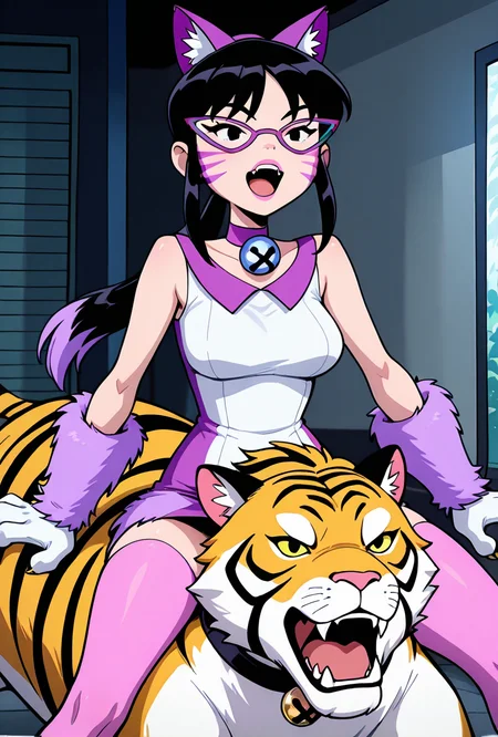 <lora:nyancychan-10:1> nyancychan, black hair, 1girl, long hair, cat ears, purple glasses,  claws, gloves, neck bell, purple choker, whisker markings, ponytail, pink pants, short dress, sleeveless, sharp canines, pink lipstick, expressive, facial expression,(( cartoon, screencap)), sitting on tiger, wild tiger, riding tiger, excited, screaming, happy, jungle,, masterpiece, best quality, amazing quality, very aesthetic, absurdres, newest,