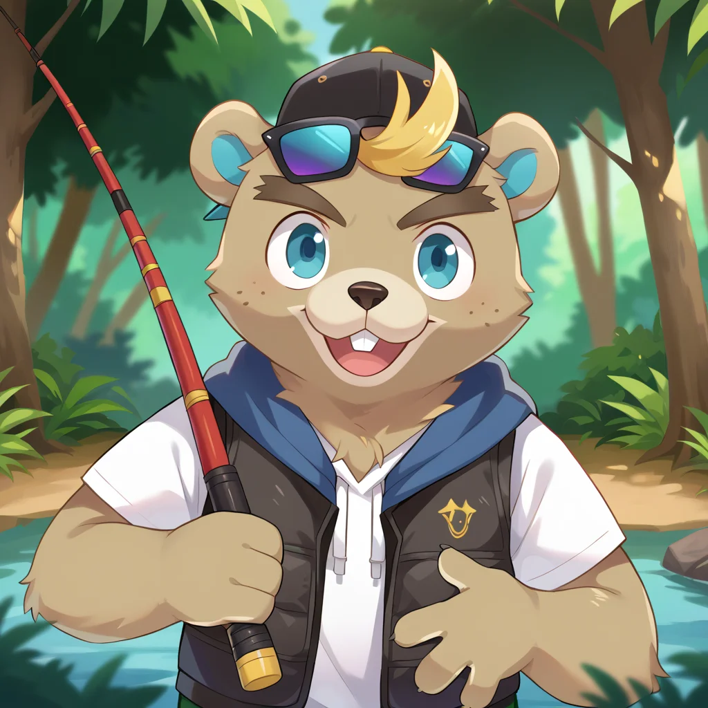 drawing, flat color, high quality, highres, good anatomy, detailed hands, detailed face, detailed fur, 2d, anime, ((source_furry, score_9, score_8_up, score_7_up, score_6),c.j.,blonde hair,baseball cap,backwards hat,eyewear on head,vest,open vest,hoodie, hood, furry, furry male, 1boy
smile, happy, forest, jungle, fishing rod, fishing, lake