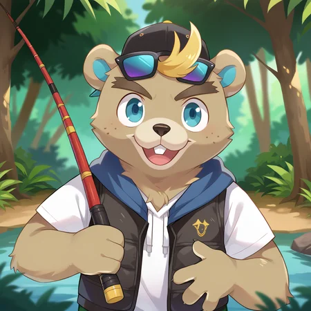 drawing, flat color, high quality, highres, good anatomy, detailed hands, detailed face, detailed fur, 2d, anime, ((source_furry, score_9, score_8_up, score_7_up, score_6),c.j.,blonde hair,baseball cap,backwards hat,eyewear on head,vest,open vest,hoodie, hood, furry, furry male, 1boy
smile, happy, forest, jungle, fishing rod, fishing, lake