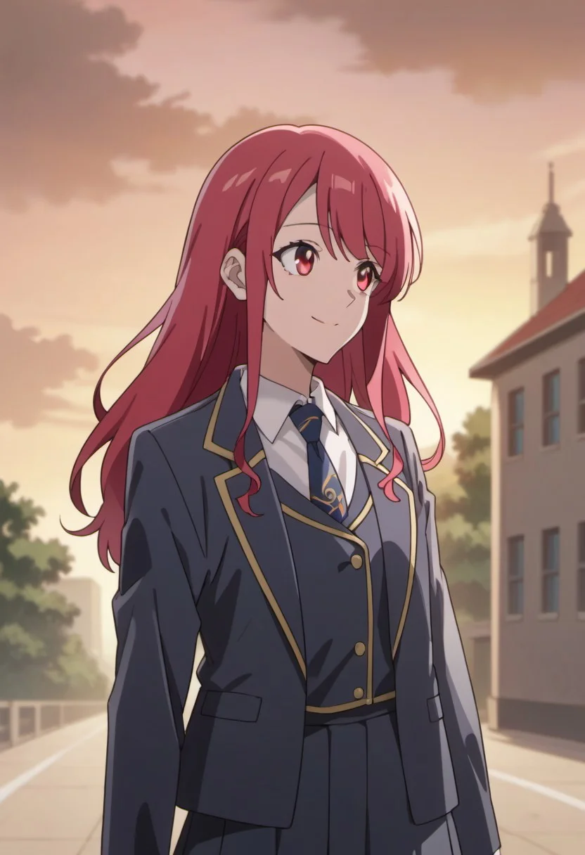 score_9, score_8_up, score_7_up, source_anime, leeler sophia, red hair, red eyes, long hair, 1girl, solo, smile, necktie, sunset, school uniform, skirt, jacket, outdoors, looking to the side, shirt