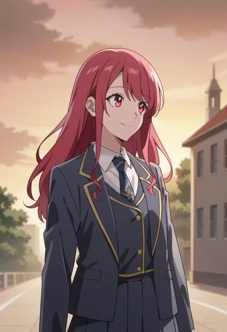 score_9, score_8_up, score_7_up, source_anime, leeler sophia, red hair, red eyes, long hair, 1girl, solo, smile, necktie, sunset, school uniform, skirt, jacket, outdoors, looking to the side, shirt