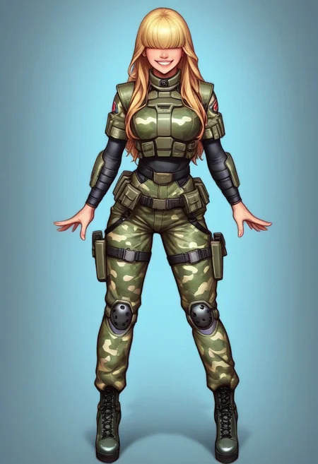 1girl, ((front view))), looking at viewer, highly detailed, from front, 1girl, skinny, looking at viewer, masterpiece, best quality,
raw, extremely detailed, hyperrealism, photo, perfect anatomy, <lora:grewishka_alita_pxl:1> source_photo, source_real, robot, cyborg, android, solo, looking at viewer, 1girl, full body, ((special force green camo armor)), high heels, neon_lights, dynamic pose, pistols in hands
BREAK
fang smile, looking at viewer, long hair, ((blonde highlighting hair)), (((hair over eyes, front bangs))), long hair, dynamic pose
best quality, depth of field, bokeh, (((full clothed))), ((special force green camo armor)),
BREAK
sc-fi soldier, dynamic pose, military camo armor
(((((rooftop, night city, neon lights))))) score_9, score_8_up, score_7_up, score_6_up, source_cartoon, rating_explicit, Expressiveh, (((((upper body))))), dynamic pose