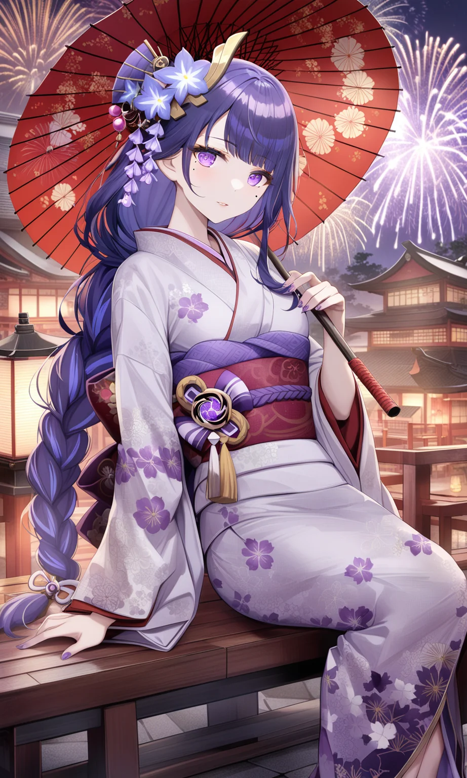 1girl, safe, yae miko, raiden shogun, solo, long hair, looking at viewer, hair ornament, jewelry, sitting, purple eyes, braid, purple hair, flower, japanese clothes, hair flower, kimono, mole, mole under eye, sash, umbrella, floral print, obi, braided ponypurple flower, purple nails, oil-paper umbrella, architecture, fireworks, east asian architecture
