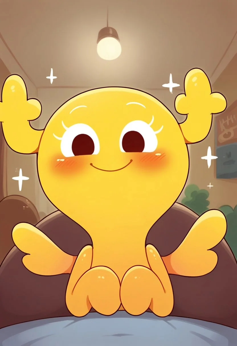 BREAK score_9, score_8_up, score_7_up, source_cartoon, 1girl, solo, pennyshellless, yellow skin, brown eyes, two horns, two wings, no fingers, tall girl, smile, sparkle in the eyes, tender smile, cute, blush, hotel, room, interior,