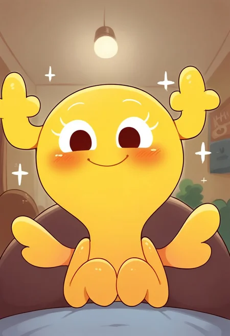 BREAK score_9, score_8_up, score_7_up, source_cartoon, 1girl, solo, pennyshellless, yellow skin, brown eyes, two horns, two wings, no fingers, tall girl, smile, sparkle in the eyes, tender smile, cute, blush, hotel, room, interior,
