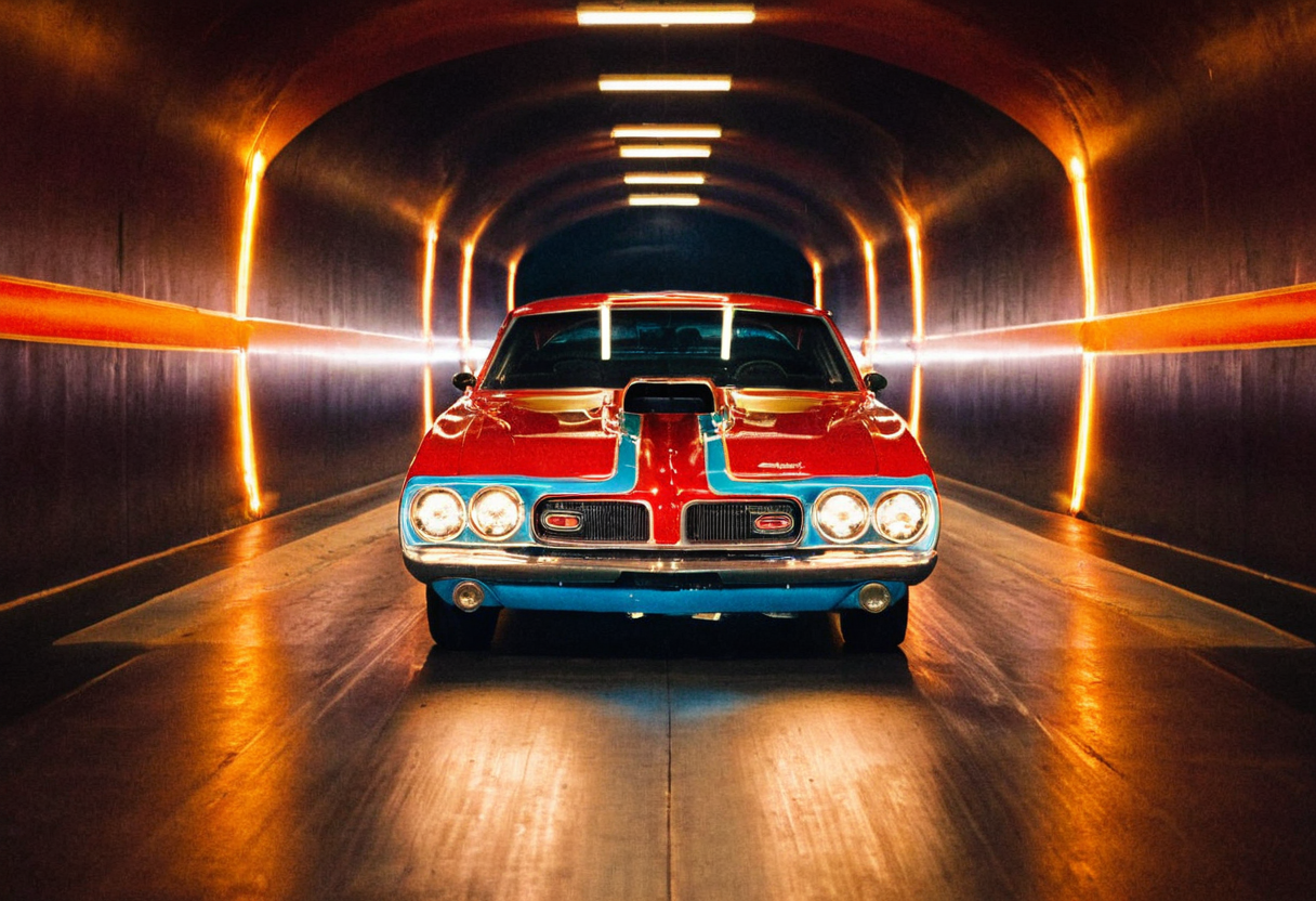 VintageMuscleCar gleaming dragster tunnel, symmetrical front view, bright headlights, neon lights, glass background, light reflections, 4K, highly detailed, closeup (stylish grainy analog film photo 35mm vintage Kodachrome)