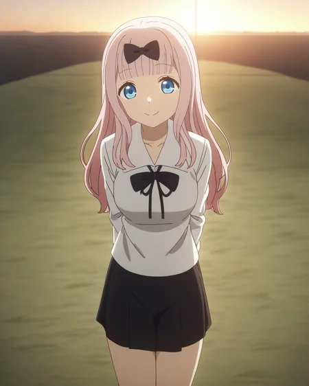 best quality,masterpiece,highres,1girl,solo,newest,rating: general, looking at viewer , <lora:Chika_XL-step00001200:0.9> (chika, long hair, bangs, bow,hair bow, pink hair, blunt bangs, black bow, fujiwara chika, blue eyes), shuuchiin academy school uniform, school uniform,,sunset,grass,arms behind back,standing on one leg, smile