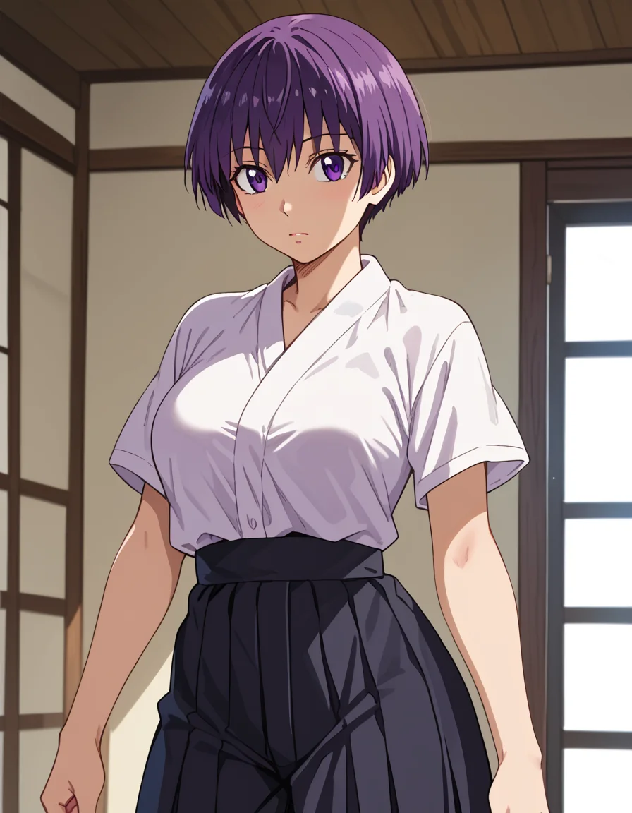 score_9, score_8_up, score_7_up, source_anime, anime screencap, anime coloring, masterpiece, best quality, uncensored, 1girl, solo, (cowboy shot:1.2), satomi manabe, purple eyes, purple hair, short hair, large breasts, white dougi, short sleeves, black hakama, <lora:Manabe Satomi_Hajirai Body_Pony:0.9> cute face, shiny body, shiny skin, (skindentation:1.2), clear skin, shiny hair, ultra detailed eyes, depth of field, sharp, (intricate details, hyperdetailed:1.15)