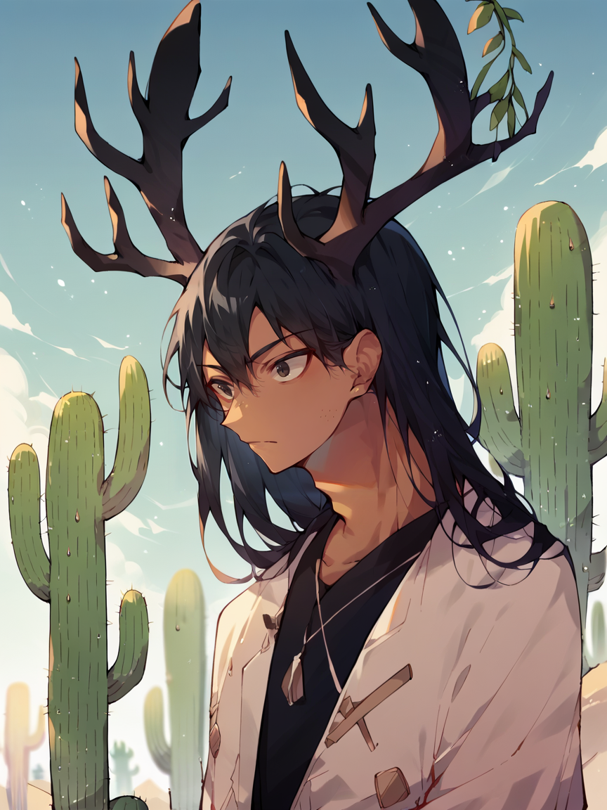 score_9, score_8_up, score_7_up, score_6_up, score_5_up,  <lora:ch33s3XLP:1> ch33s3, 1boy, long hair, black hair,  <lora:4ntl3rsXLP:1> 4ntl3rs, antlers, solo, cactus, tan skin, stubble,