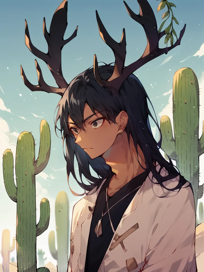 score_9, score_8_up, score_7_up, score_6_up, score_5_up, <lora:ch33s3XLP:1> ch33s3, 1boy, long hair, black hair, <lora:4ntl3rsXLP:1> 4ntl3rs, antlers, solo, cactus, tan skin, stubble,