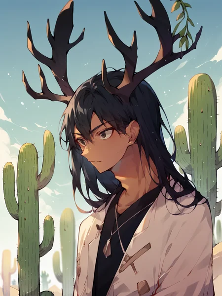 score_9, score_8_up, score_7_up, score_6_up, score_5_up, <lora:ch33s3XLP:1> ch33s3, 1boy, long hair, black hair, <lora:4ntl3rsXLP:1> 4ntl3rs, antlers, solo, cactus, tan skin, stubble,