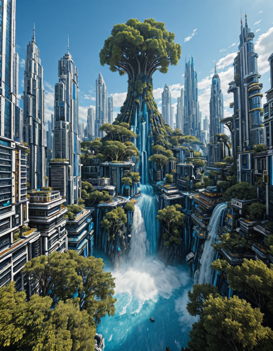 <lora:INWYTK_04illus:1> inwytk04, day, blue sky, sunny, solarpunk cityscape, futuristic buildings, vegetation, vegetation on buildings, fantasy, blue, white, gold, T7, black, T2, giant trees, waterfall,