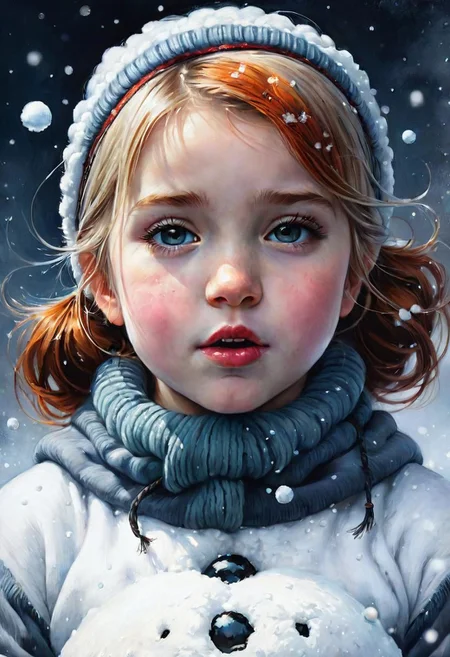 close-up, masterpiece, best quality, 8k, HDR, RGB, oil paints, watercolor, ink, detailed a whimsical fabulous littli girl builds a snowman, color ink flow, 8k resolution, dreamcore, ultra realistic illustration, in style Craig Davison, Ray Caesar, Thomas Eakins. Adorable beautiful, radiant, magical, by Agnes Cecile, by Andr Masson, complementary colors,oil paint 
 Bastien Lecouffe-Degarme, Carn Griffiths, E. Abramzon, Raphael, Caravaggio,