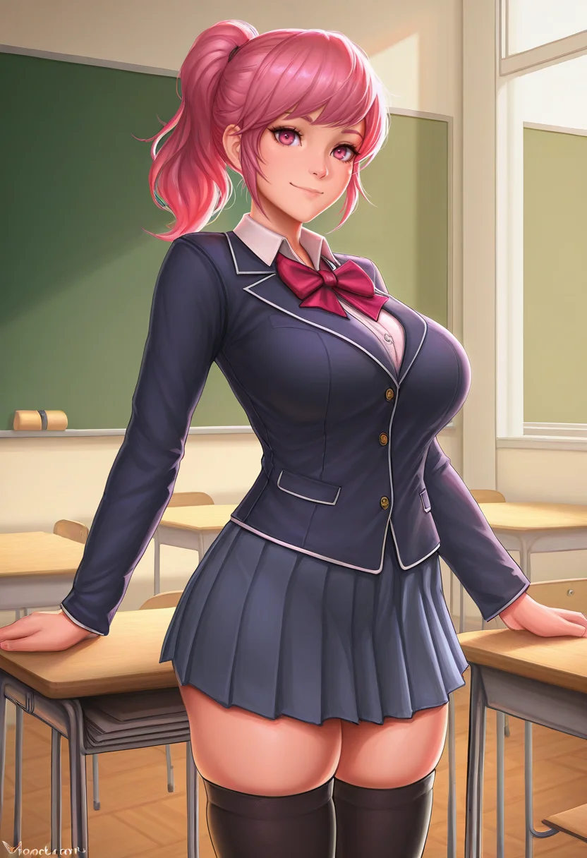 masterpiece, best quality,  <lora:vincentcc:1> v1nc3ntcst1l3,  1girl, solo,standing,looking at viewer, happy, closed mouth,pink hair, ponytail, pink eyes, large breasts, school uniform, bow, long sleeves, skirt, skindentation, thighhighs, indoors, classroom,