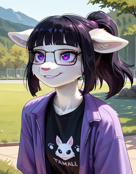 masterpiece, best quality, very aesthetic, absurdres,
outdoors,
upper body, headshot, 
t-shirt, open jacket, 
happy, long eyelashes,
<lora:Tala_v01_NAIXL:1>
T4l4,1girl,solo,furry,furry female,black hair,animal ears,ponytail,blunt bangs,purple eyes,glasses,snout,animal nose,body fur,white fur,
