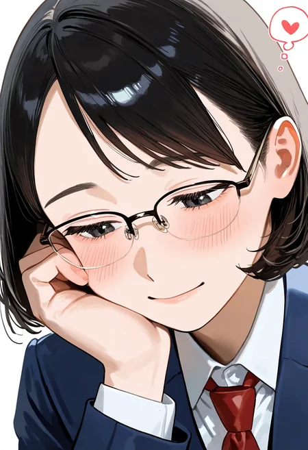 halfrim22A, over-rim eyewear, black-framed eyewear,
1girl, solo, black eyes, black hair, bob cut, bangs, collared shirt, red necktie, blue blazer, blush, smile, happy,
simple background, white background, portrait, upper body, looking at another, look down, looking to the side, hand on own cheek, heart, thought bubble, spoken heart,
masterpiece, best quality, amazing quality, very aesthetic, absurdres,
<lora:glasses_halfrim22A_Illustrious_V1L:0.7>