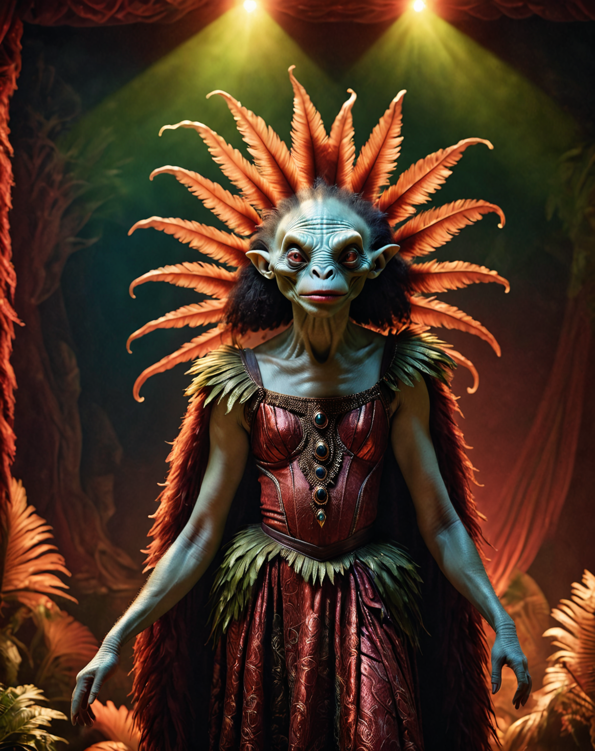 (((chiaroscuro, feature.alien, scifi.style dark dim scene of  ((dreaming monster full-body portrait,  realistic,  fashion, crazy glamour scene, potpourri, straight-on, horror (theme), (red theme:0.47), abstract background, surreal, abstract, midriff, makeup :d, leaf, feathers, red lips , scenery, , no humans, afro, throne, absurdres, detailed, macro details, 8k, hyper realistic, texture surface details))) !, color photo, atmospheric, light and shadow, crepuscular, slight athmospheric mist  of a band some of animals, depth at play where all inside of a <lora:Potpourri-v1e9:1>))) !
