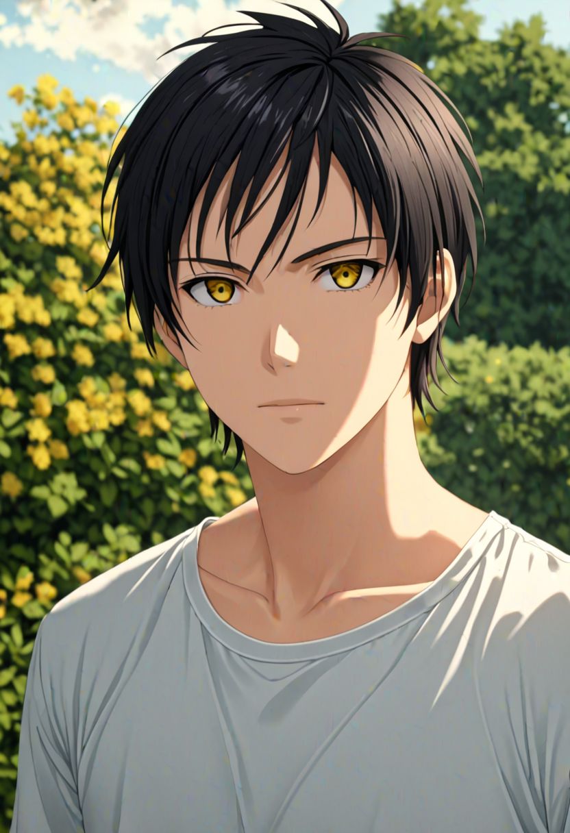 (4k), extremely detailed, hyper detailed, high resolution, professional photography, best quality, 1boy, solo, male focus, easynegative, Sasuke Tsubaki, Black Hair, outdoor, 3/4 body, casual, yellow eye