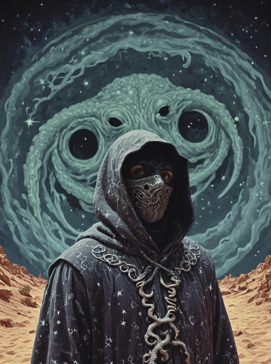 1970's dungeons and dragons dark fantasy artstyle, a hooded figure, grey patterned robes, hooded,shadowy mask, tentacles, merchant, starry sky , grain, cinematic, realistic, photo <lora:dark_fantasy:1>
