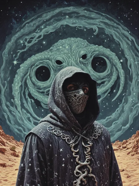 1970's dungeons and dragons dark fantasy artstyle, a hooded figure, grey patterned robes, hooded,shadowy mask, tentacles, merchant, starry sky , grain, cinematic, realistic, photo <lora:dark_fantasy:1>