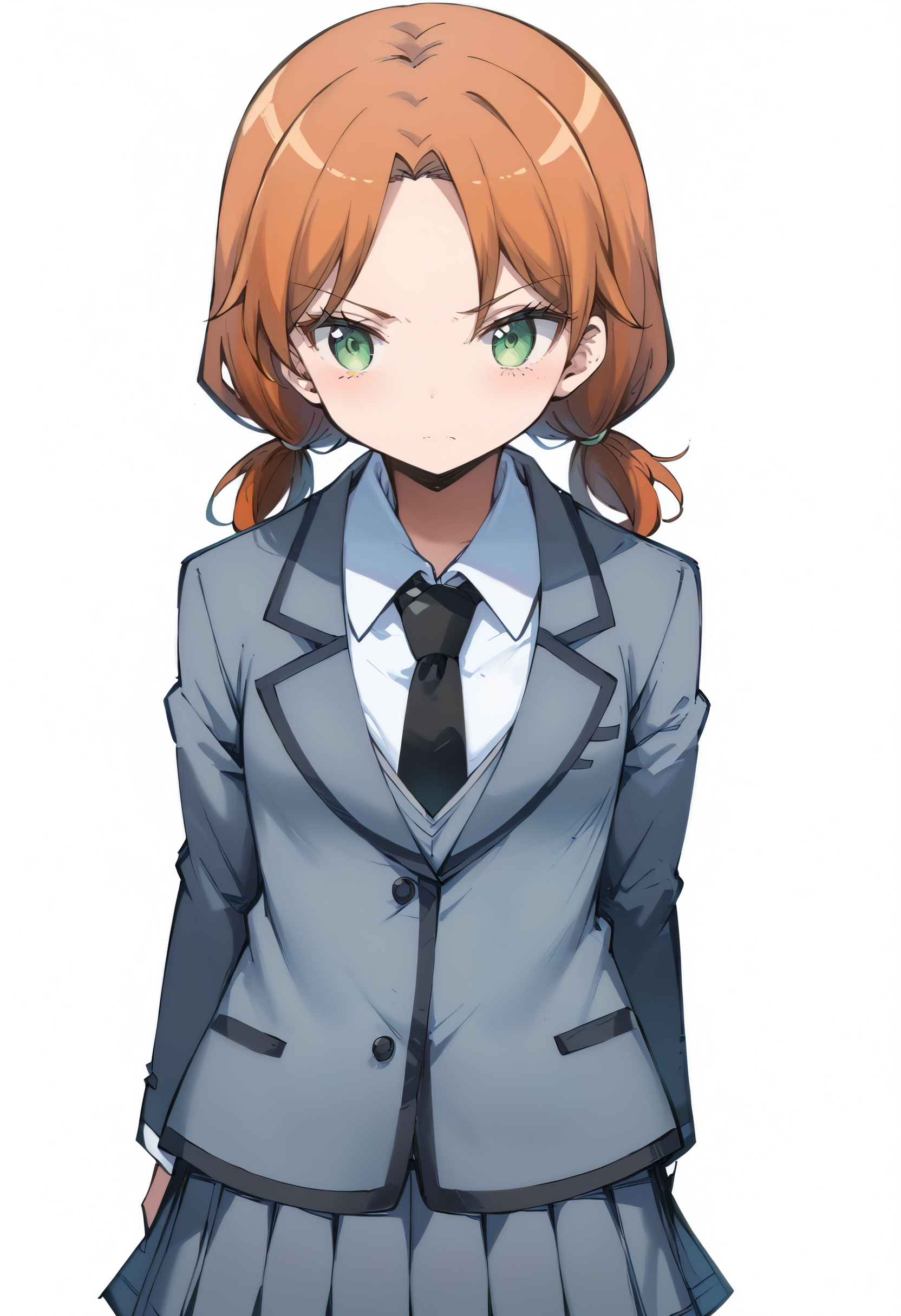 score_9,score_8_up,score_7_up,score_anime,2d,front view,1girl,standing,serious,looking_at_viewer,solo,
<lora:Hayami Rinka v2_autismmixPony>,Hayami Rinka,green eyes,orange hair,twintails,school uniform,grey jacket,grey pleated skirt,black necktie,black kneehighs,white_background,