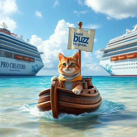 Ultra realistic. beautiful beach, 2 bigg cruises on the sea one in each side of the photo the cruises have an "PRO CREATORS" logo on it's side, in the middle of the image a little happy cat captain in  a little steam boat  with a flag, the flag  has an "I need buzz to grow" logo on it