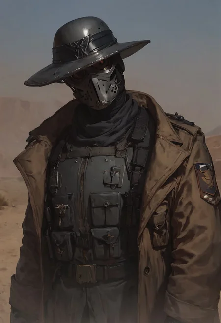 score_9, score_8_up, score_8_up, Ranger, Sci fi hunter mask, grimdark, desert soldier helmet, metal breastplate, grey uniform, black uniform, Trenchcoat, trenchcoat, sci fi revolver, desert outfit, cowboy hat, black lenses, black visor