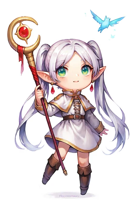 score_9, score_8_up, score_7_up, source_anime, highly detailed, 1girl,  nereirfpnxl, frieren, chibi:0.3,  pointy ears, green eyes, twintails, staff, very long hair, earrings, elf,  white capelet, long sleeves, dress, white dress, simple background, white background,  <lora:justduet_SDXLPONY_r70_768_dim32-a4-adamW-000009:0.8>, <lora:frieren_nereirfpnxl_pony_v2:0.4>