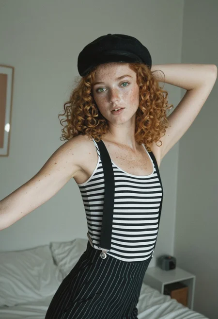 high quality, masterpiece, best quality, realistic, 
1girl, solo, 
cloe_marceau, 18yo, petite, slim, ginger, ginger hair, curly hair, youthful appearance, green eyes, adorable face, freckles, 
ponytail, 
striped_shirt, black french hat, black_suspender_pants, 
dancing, dynamic poses, shy, embaressed,
subject_focus, high_quality, perfect lighting, standing, masterpiece, adorable face, light_particles, clothed, backlit, bedroom, slightly parted lips,  exquisite detail, highres, candid photo