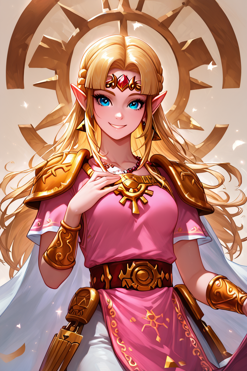 score_9, score_8_up, score_8, medium breasts, (curvy), cute, eyelashes,       BREAK, , BREAK, <lora:UltimatePrincessZelda_PDXL_v1:0.8>, zzUZelda, blonde hair, jewelry, dress, pink tabard, triforce, circlet, armor, earrings, necklace, shoulder armor, tiara,, <lora:AnatoFinnstarkStyle_PDXL:1.0>, , BREAK,  smile, looking at viewer, cowboy shot,  embedding:zPDXL, Expressiveh, <lora:SDXLFaeTastic2400:0.5>,  <lora:Expressive_H-000001:0.4>,