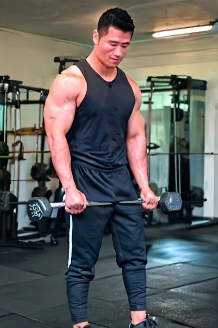 asian sexytrainer, tank top/sleeveless shirt, shorts/sweatpants/leggings, sneakers, gym, holding dumbbell/weightlifting, exercise, realistic, masterpiece, intricate details, detailed background, depth of field, photo of a handsome