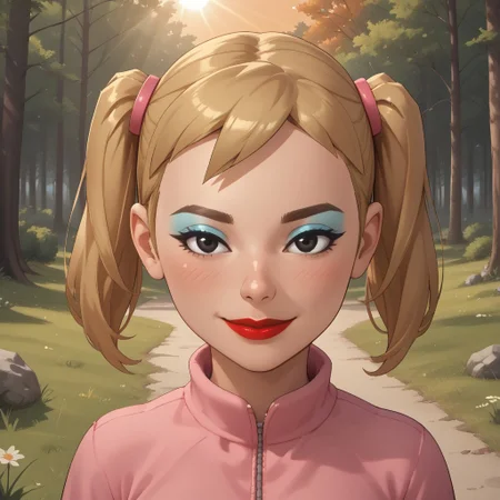 score_9, score_8, BREAK, solo, wii, mii, wii sports, 1girl, female mii, cute, blonde hair, twintails, brown eyebrows, makeup, blush, blue eyeshadow, red lips, lipstick, pink clothing, white pants, shoes, breasts, nintendo mii, modern_mii, classic_mii, Miyuki_(OC_Mii), black eyes, self portrait, smile, outdoors, sunlight, shadows, evening lighting, natural lighting, forest, trees, grass, orange sky, sunset
