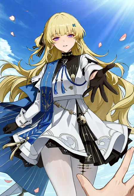 1girl, solo, phoebe wuthering waves, blonde hair, purple eyes, black gloves, blue sash, side cape, blue cape, long sleeves, white dress, white pantyhose, looking at viewer,
reaching out toward viewer, open hand, gentle smile, pov hand holding, warm sunlight, flower petals falling, mid-range, three-quarter view, spring atmosphere
, <lora:Character_Phoebe-000015:0.8>