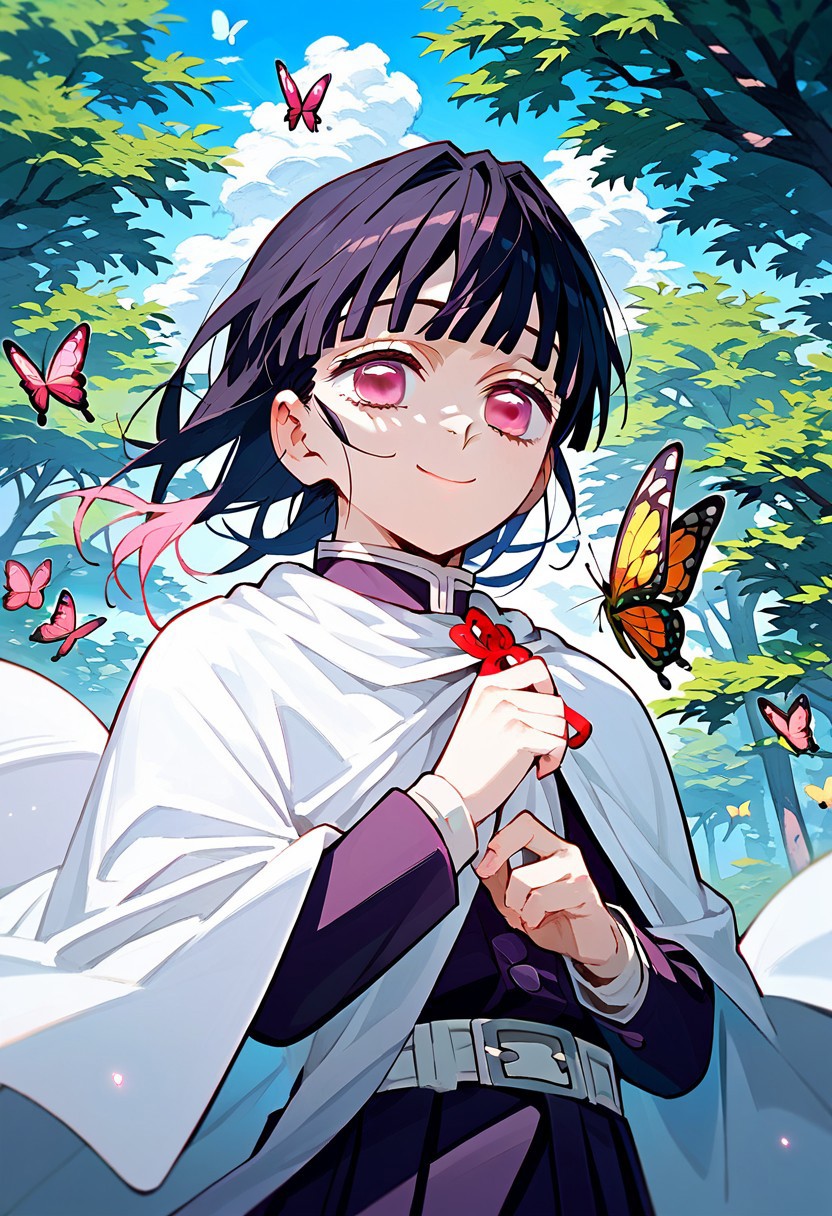 score_9,score_8_up,score_7_up,source_anime, tsuyuri kanao,1girl,solo,smile,closed mouth,upper body,outdoors,sky,pink eyes,cape,tree,bug,butterfly,white cape,demon slayer uniform,white cloak,butterfly on hand,